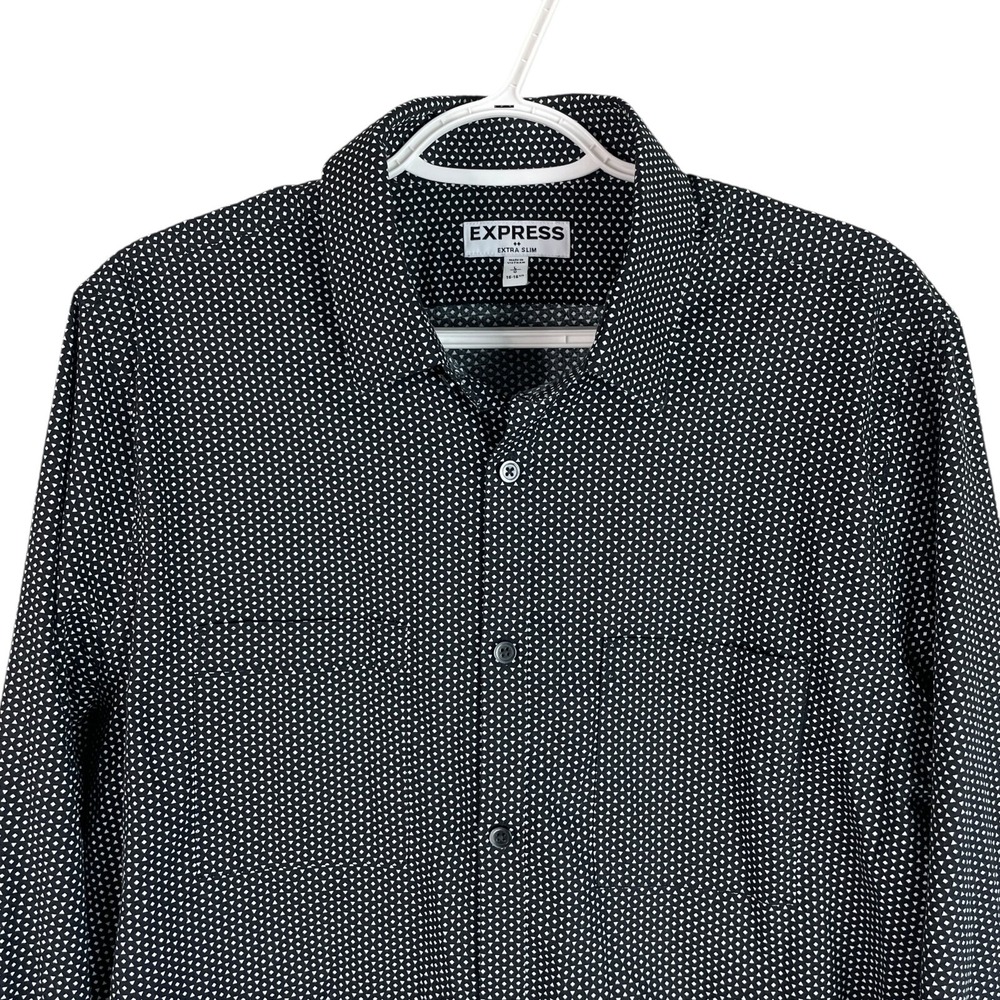 Express Mens Extra Slim Button Up Shirt Large 16-16.5 Black Geometric L/S Cotton